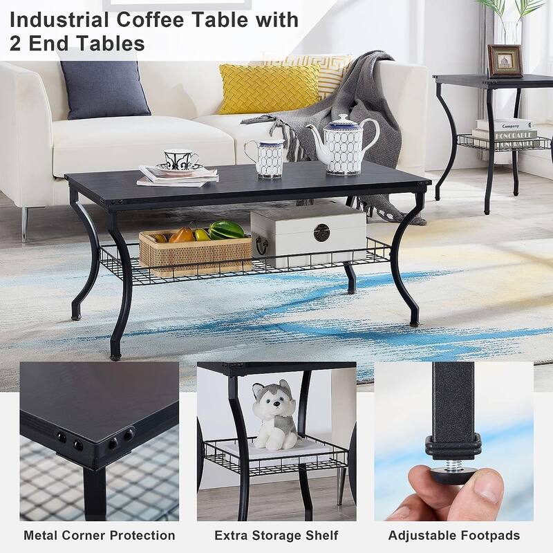 VECELO Mid Cectury 3-pieces Coffee Table Set, 3-Piece Living Room Table Set(Set of 3)
