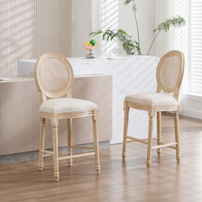 French Country Dining Chairs Set of 2, Upholstered Chairs with Nature Rattan Round Back