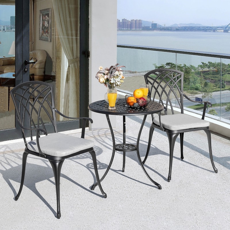 24 Inch Cast Aluminum Bistro Table and 2 Bistro Chairs with Grey Cushions - 24 inches round table