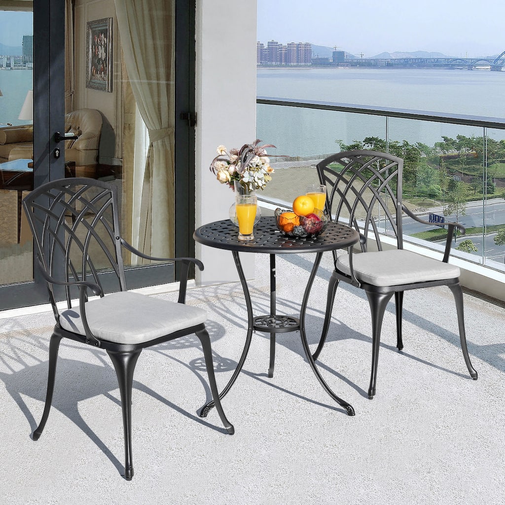 24 Inch Cast Aluminum Bistro Table and 2 Bistro Chairs with Grey Cushions - 24 inches round table