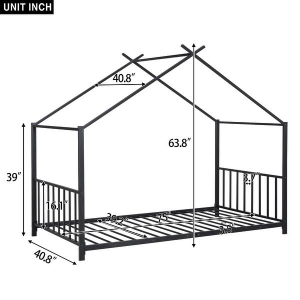 dimension image slide 2 of 3, Twin Size Metal House Platform Bed with Roof Design, House Bed with Slats Support for Kids Teens
