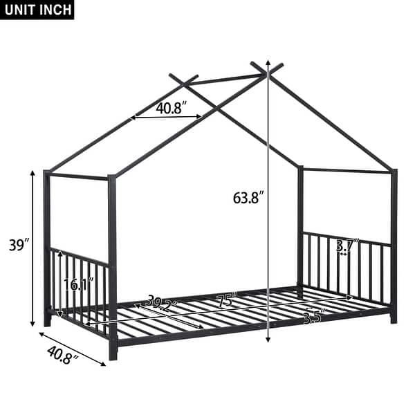 dimension image slide 0 of 3, Twin Size Metal House-shaped with Support Slat, Platform Bed with Shelf for Bedroom, Safe for Kids, Easy to Assemble, White