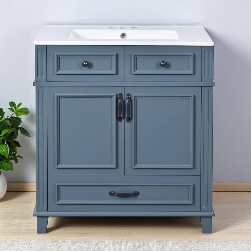 30"Bathroom Vanity with Sink - Solid Wood Frame, Ceramic Basin, Soft-Close Doors,Modern Retro Style with Drawer Storage Cabinet