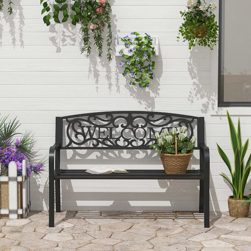 Outdoor Metal Garden Bench with Slatted Seat for Park, Porch, Yard, Entryway, Black