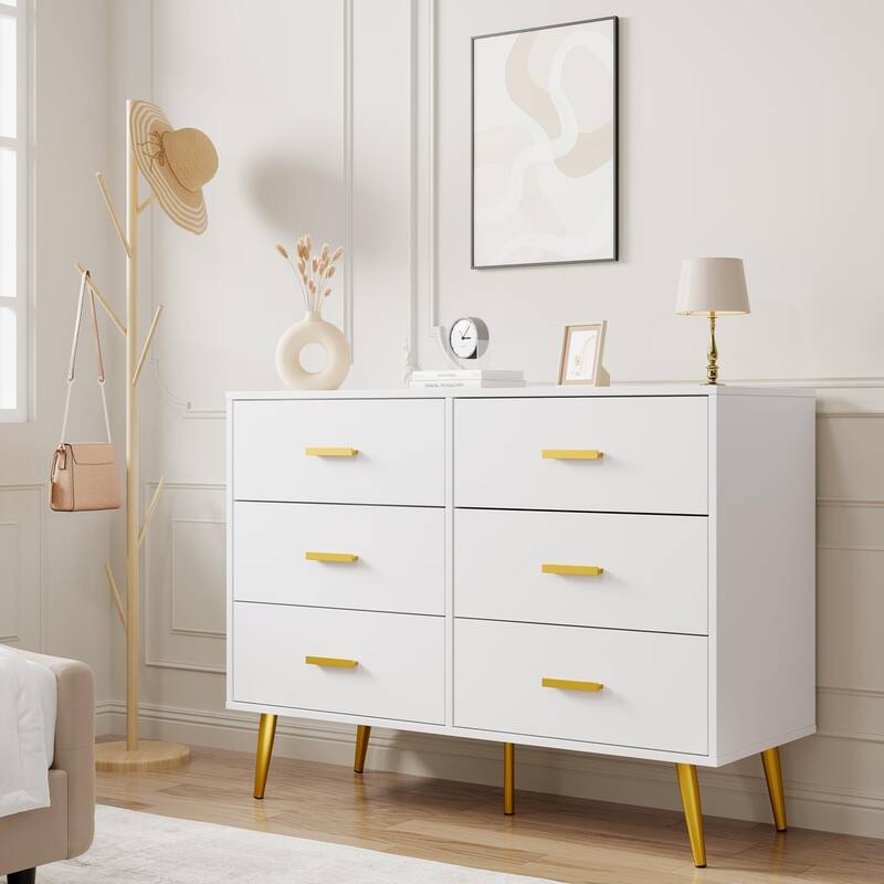 6 Drawer Dresser with Storage Space, Modern Wooden Dresser with Gold Handles - White