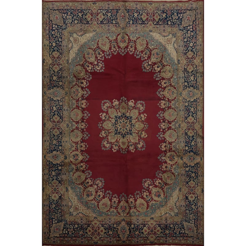 Hand Knotted Oriental 100% Wool Carpet Traditional Floral Red Kerman Area Rug - 12' 0'' X 8' 7''