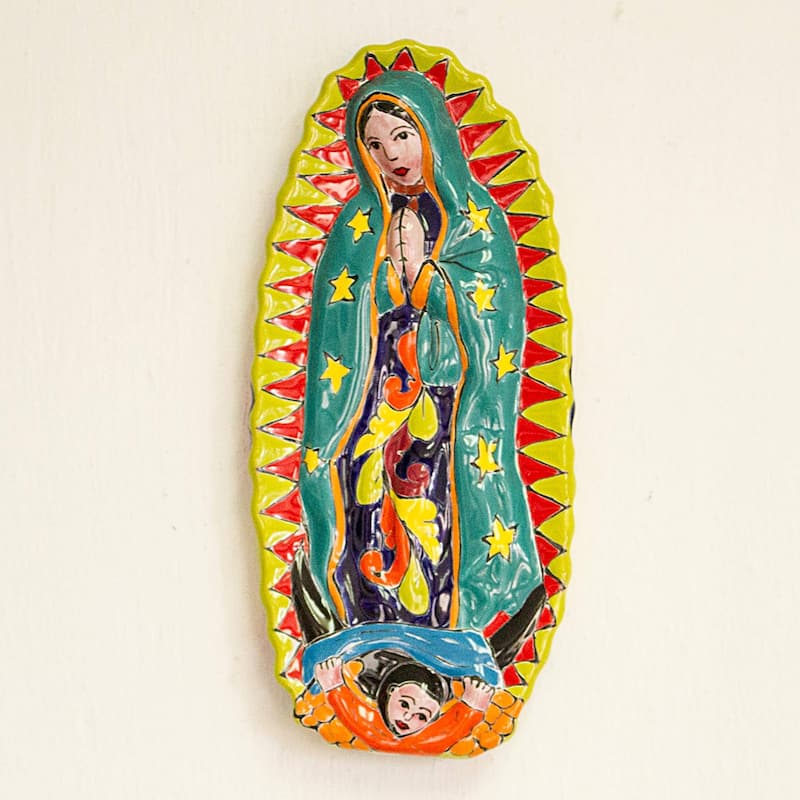 Handmade Talavera Guadalupe In Green Ceramic Wall Sculpture (Mexico)