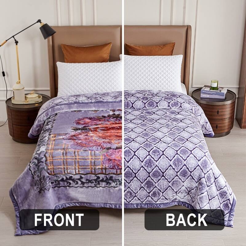 Luxury Heavy Thick Plush Blanket 2 Ply A&B Disign For Winter - King-85"x95" - Greyish Purple Flower