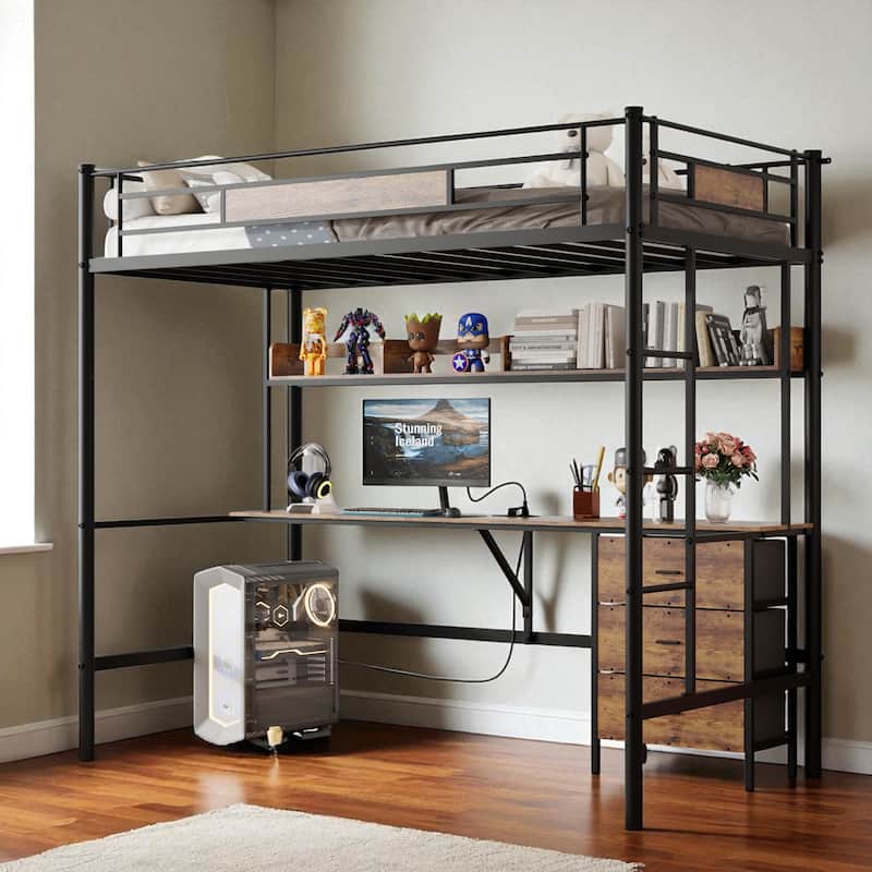 Twin Size Loft Bed with L-Shaped Desk, Metal Frame with Charging Station, Fabric Drawers & Shelves, Safety Guardrail - Brown - Twin