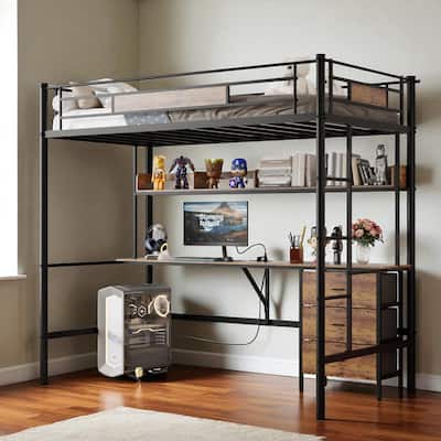 Twin Size Loft Bed with L-Shaped Desk, Metal Frame with Charging Station, Fabric Drawers & Shelves, Safety Guardrail