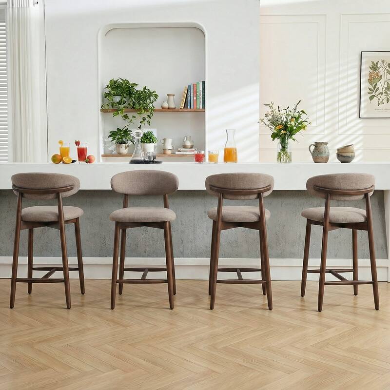 Mid-Century Modern Upholstered Bar Stools Counter Height Wooden Bar Chairs with Backrest Footrest - Camel - Set of 4