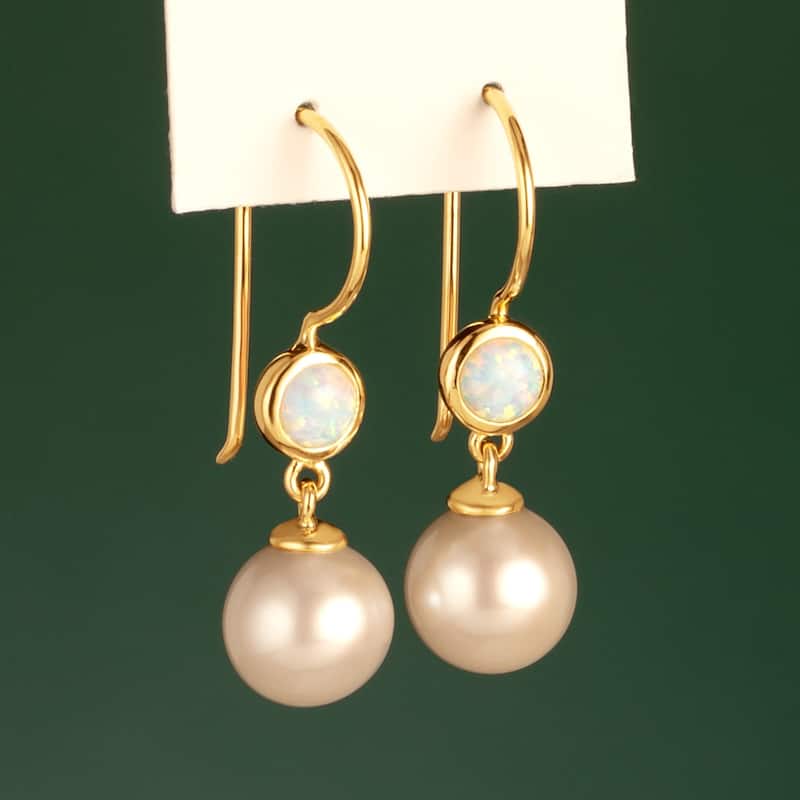 14k Yellow Gold Freshwater Pearl and Opal Birthstone Drop Earrings