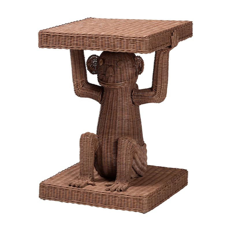Miyoco Monkey End Table - Handwoven Rattan Sculptural Accent Side Table with Platform Base - Light Brown