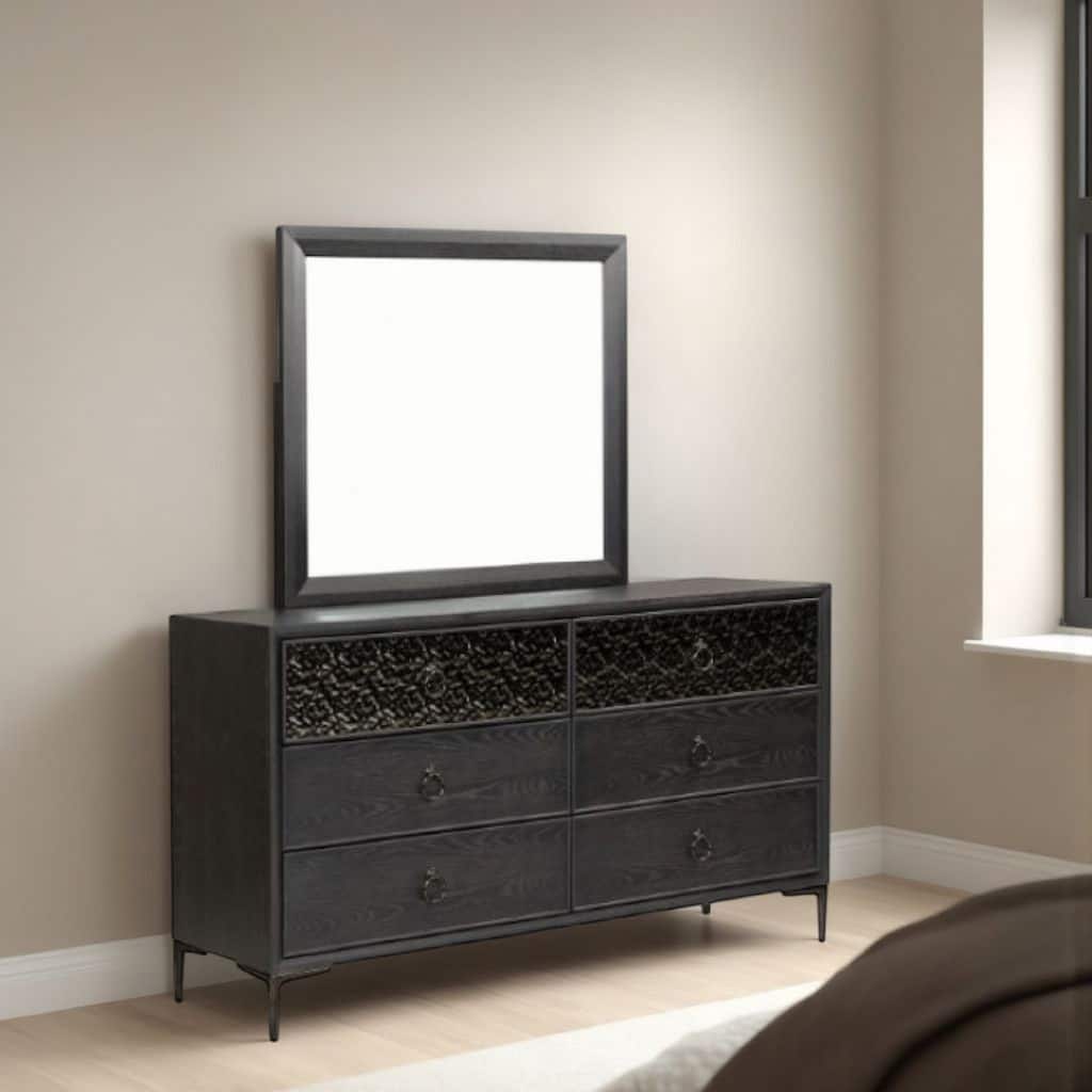 Kaira Wide Dresser with 6 Drawers, Textured Metal, Espresso Brown Wood