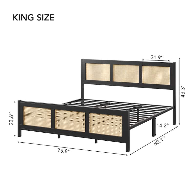Rattan Bed Frame with Headboard, White Boho Cane Platform Bed Frame with Strong Metal Slat, Noise Free