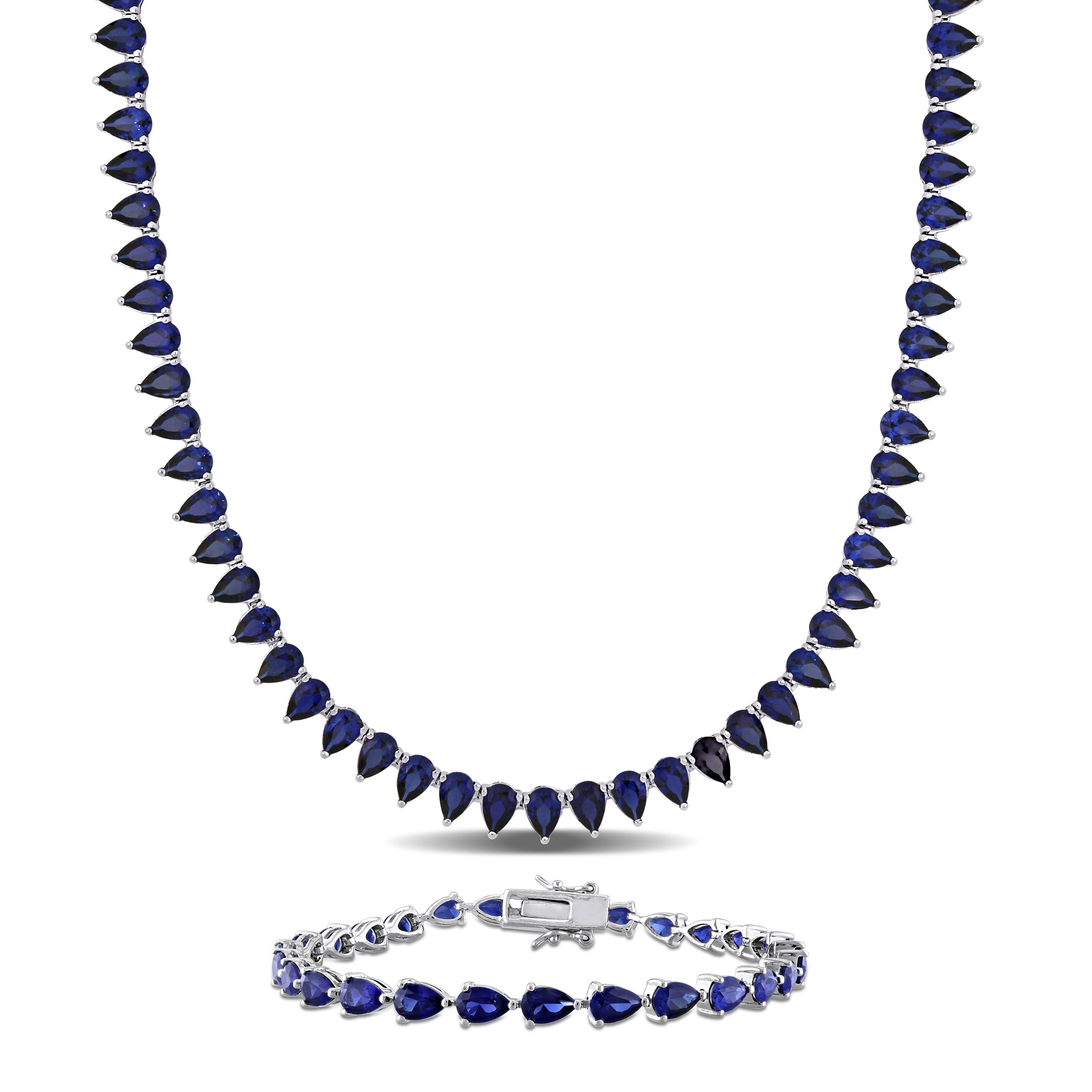 Miadora 58ct TGW Created Blue Sapphire Tennis Necklace and Bracelet Sterling Silver-18 + 7.25 in