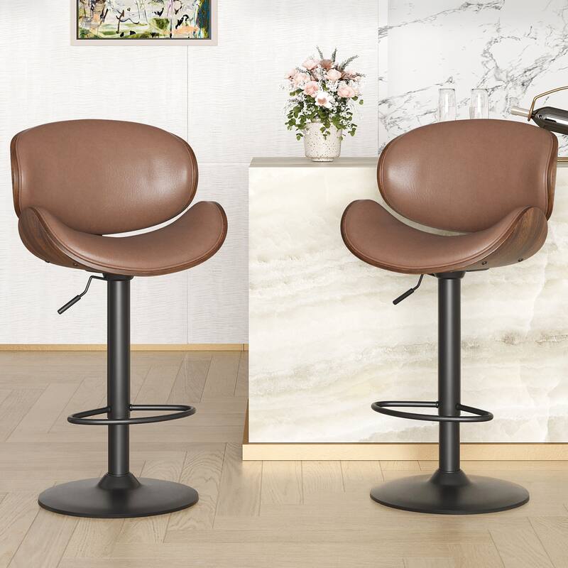 Swivel Bar Stools Set of 2, Adjustable Height Bentwood Barstools with PU Leather Upholstered Seat, Backrest and Footrest