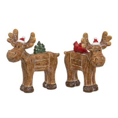 Brown Resin Moose Ornaments with Wood Slat Texture and Seasonal Holiday Accents 2 Asstd. - 4.75" H x 5" W x 1" D