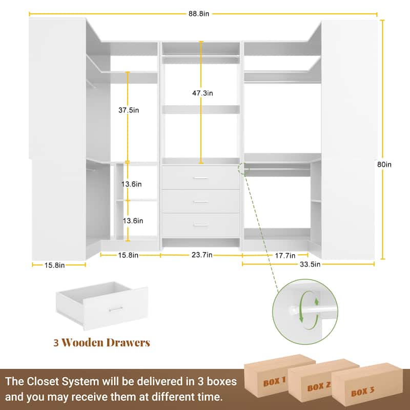Cimly Set of 3 Closet Organizer with Drawers, U Shaped Freestanding Closet System