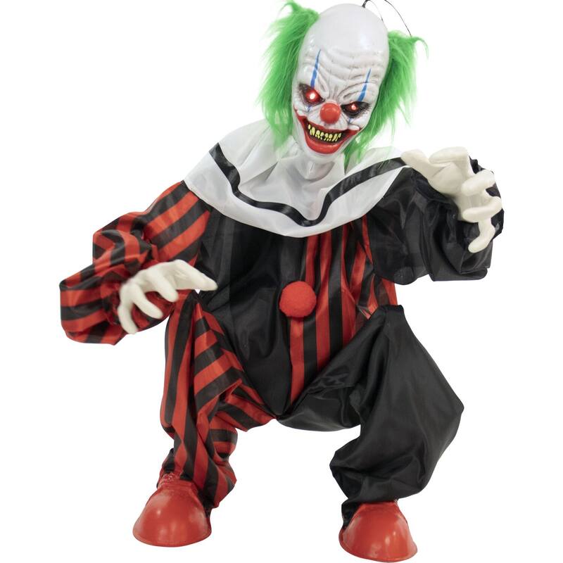 Life-Size Animatronic Crouching Clown with Lights and Sound, Indoor or Covered Outdoor Halloween Decoration