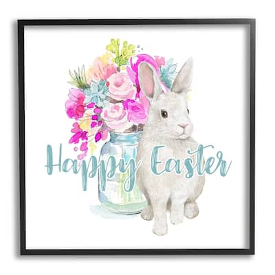 Stupell Happy Easter Calligraphy Bunny Pink Flower Bouquet Framed Wall Art - Multi-Color