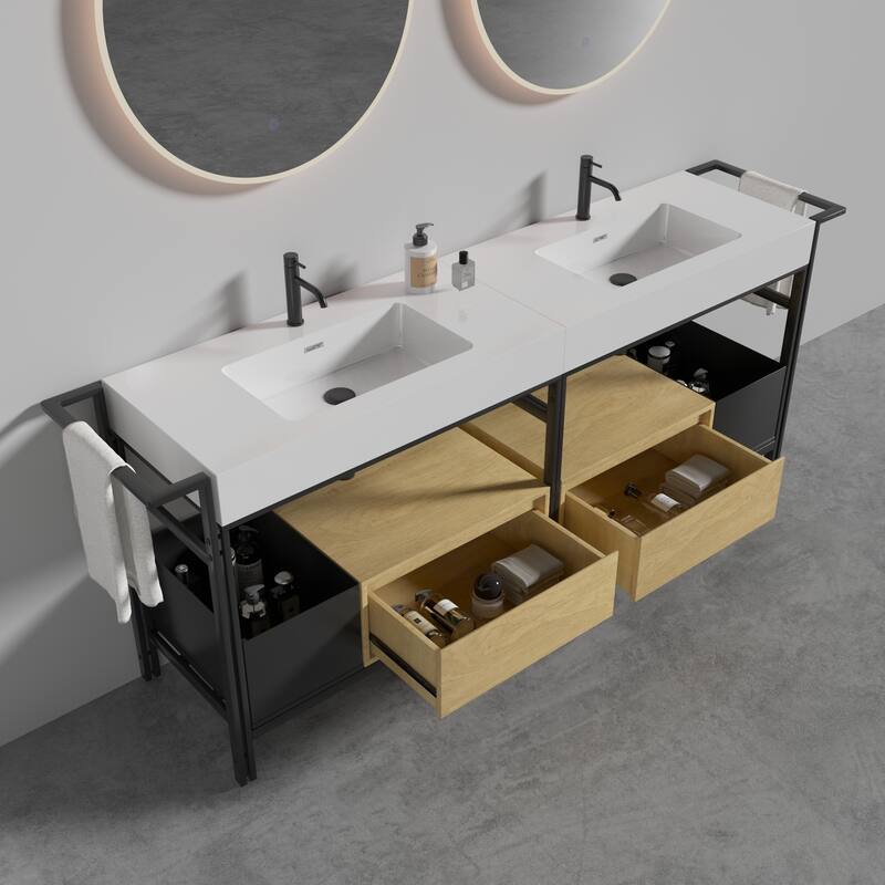 GDFStudio - Forte Industrial Metal Frame Bathroom Vanity with Artificial Stone Basin, Towel Rack & Open Storage