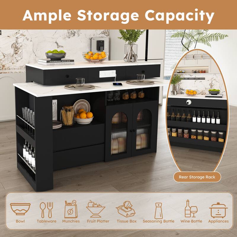 Kitchen Island with Extendable Rotating Table, 4 Drawers, Glass Doors & Built-in Socket