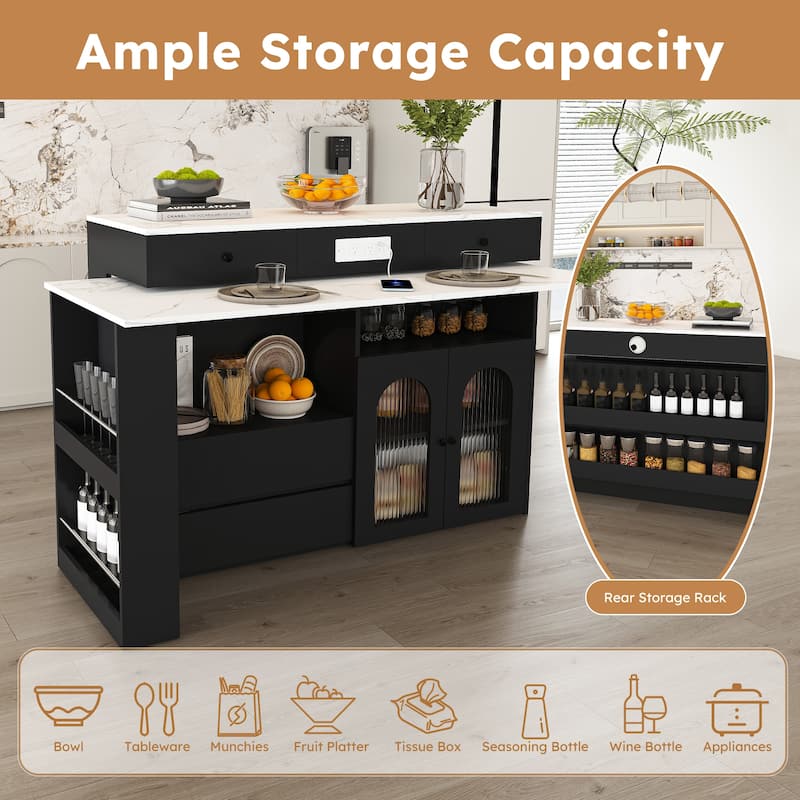 Roomfitters Kitchen Island with Rotating Extendable Table, Mobile Dining Station with Storage and Built-in Power Outlet