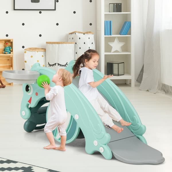 slide 2 of 3, 3-in-1 Kids Slide Rocking Horse Set Convertible Toddler Slide with Basketball Hoop - 32” x 14” x 21.5” (L x W x H)