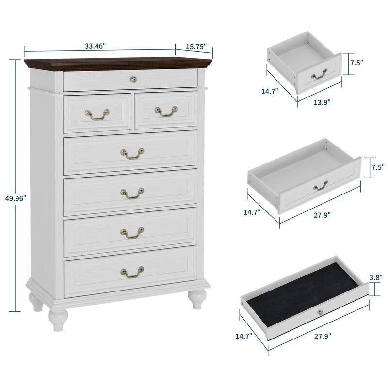 7 Drawers Dresser for Bedroom, Farmhouse 50" Tall Wood Chest of Drawers with Rustic Handle