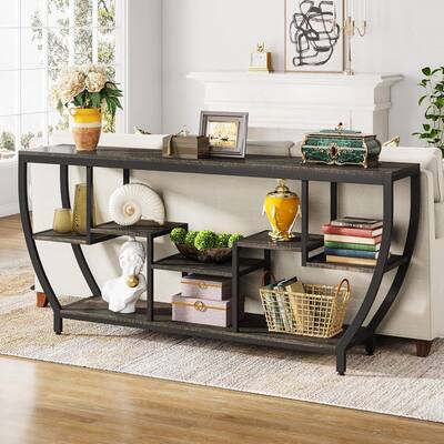 70 Inch Industrial Sofa Table with Rustic Wood Shelves and Black Metal Frame for Living Room - 70.86’’W x 11.81" D x 35.43’’H