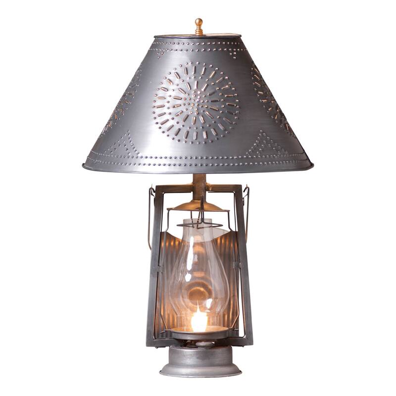 Irvin's Country Tinware Farmer's Lamp With Shade In Antique Tin - 23 X 15 X 15 inches