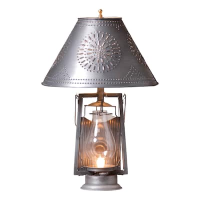 Irvin's Country Tinware Farmer's Lamp With Shade In Antique Tin - 23 X 15 X 15 inches