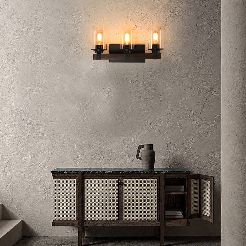 19" Rustic 3-Light Vanity Light, Industrial Bathroom Wall Sconce with Glass Shades and Wood Accent (No Bulbs) - Walnut