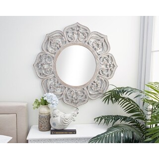 White Wooden Carved Floral Wall Mirror with Cutout Design - 32 x 1 x 32 ...