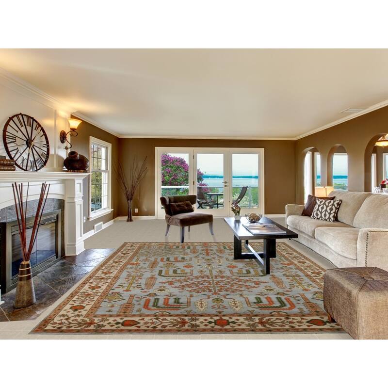 Light Blue Geometric Oushak Indian Area Rug Hand-Knotted Wool Carpet - 9'0"x 11'9"