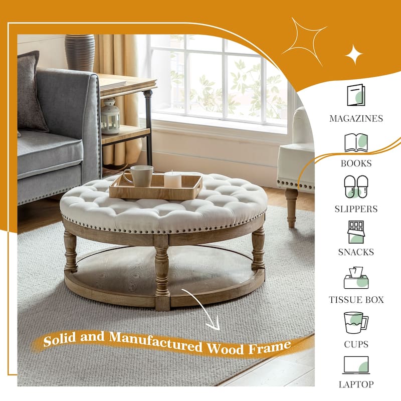 Illyria Transitional Multifunctional Tufted 35.5" Storage Ottoman Table with Spindle Legs by HULALA HOME