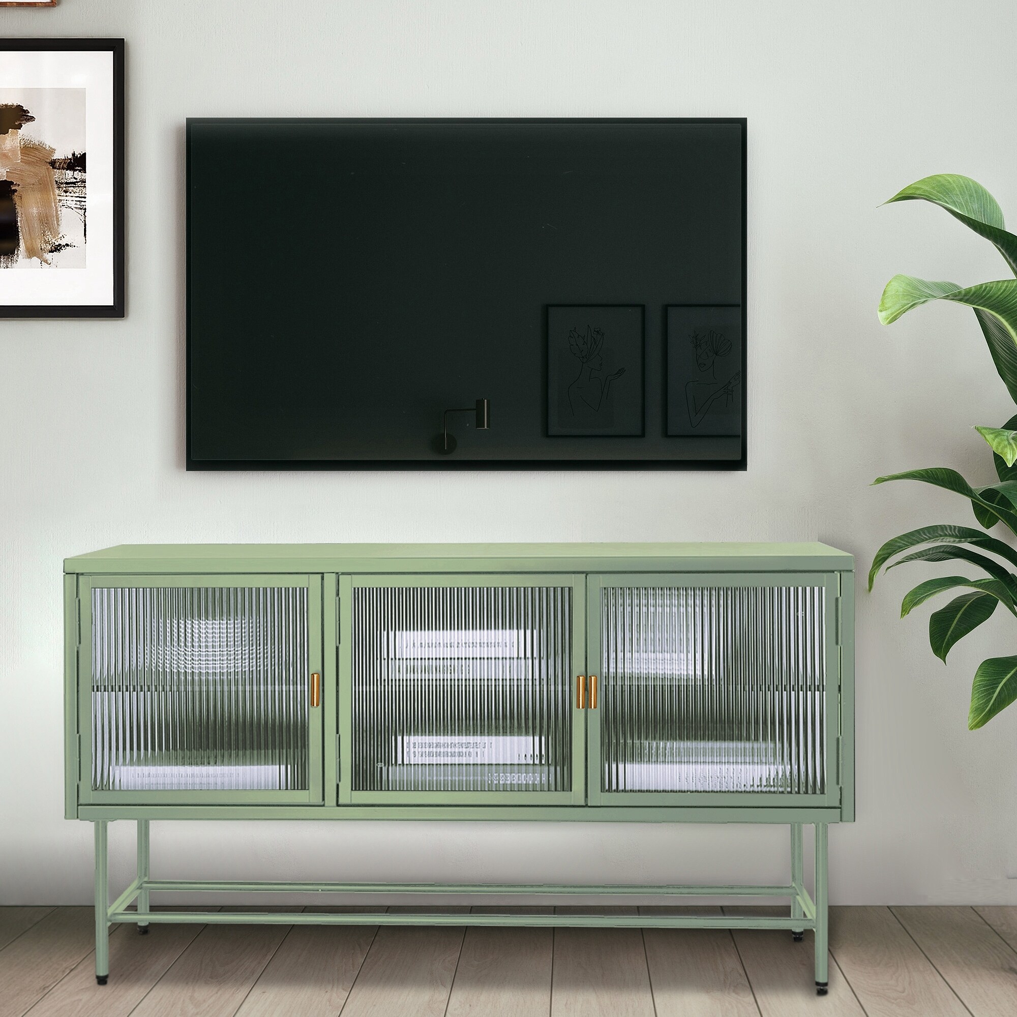 TV Console Table with Enclosed Storage Wide Countertop Glass Doors Detachable Shelves