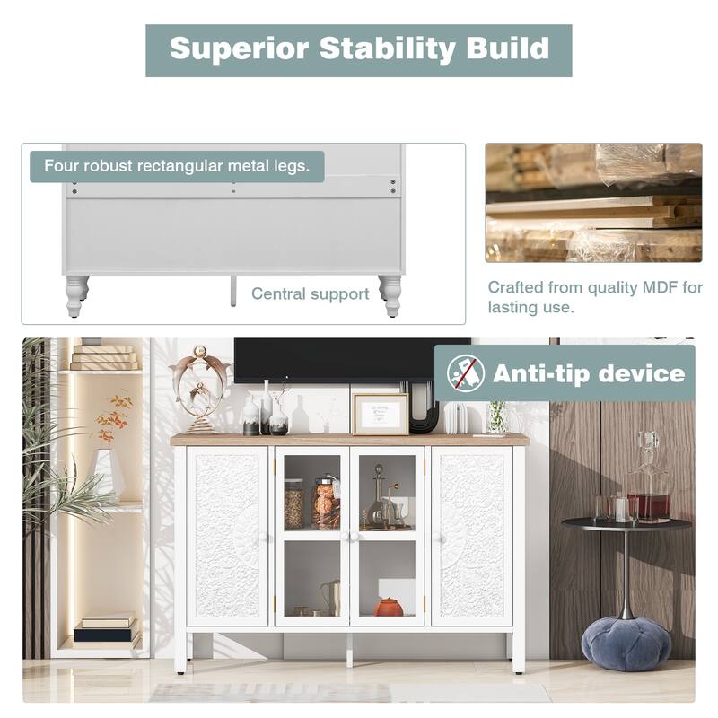 47.2'' Retro TV Stand with Adjustable Shelves, Entertainment Center Media Console with Glass Cabinet Doors & Anti-tip Device