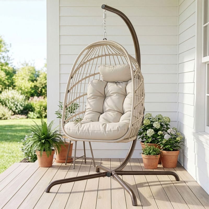 Oversized Wicker Hanging Egg Chair with Stand, Foldable 1-Person Outdoor Swing Chair, 360 lb Capacity, UV Resistant