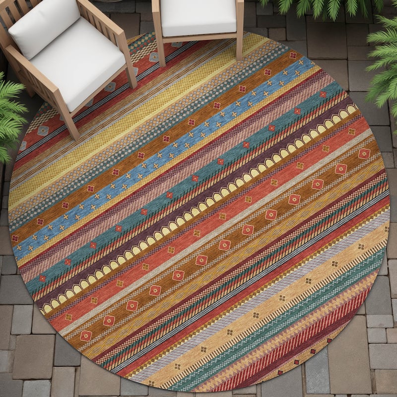 Machine Washable Indoor/Outdoor Boho Stripes Chantille Rug - Paprika - 8' x 8'