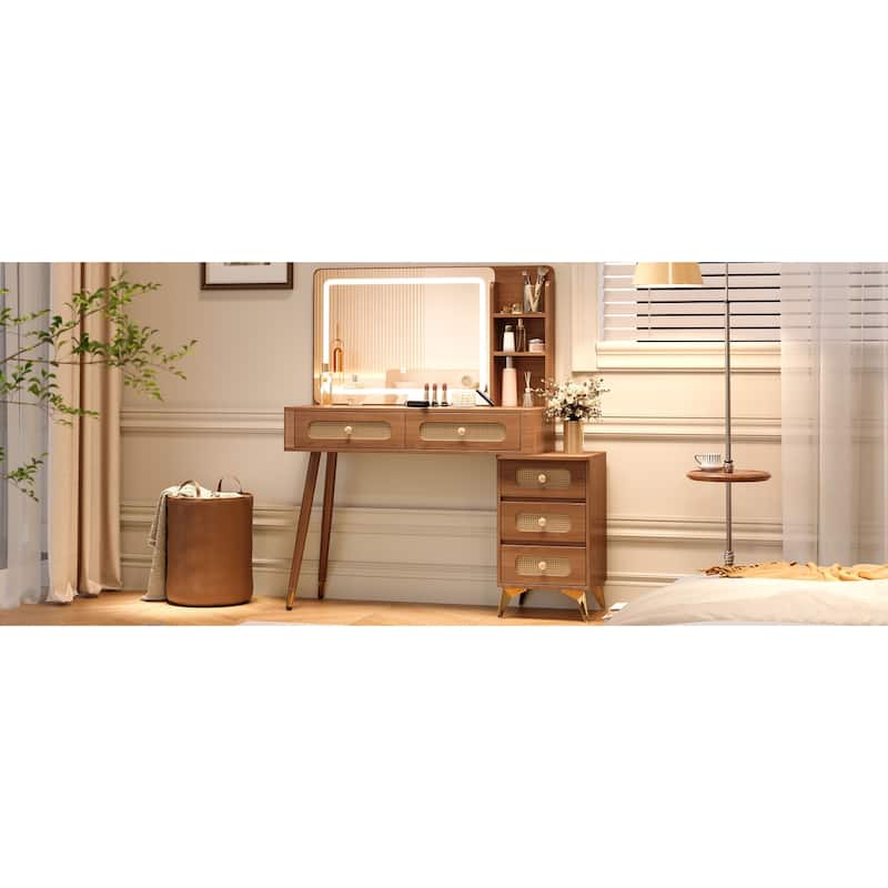 47"Makeup Vanity with Mirror and Lights, Vanity Desk with 5 Drawers and Storage Shelf, 3 Color Modes and Adjustable Brightness
