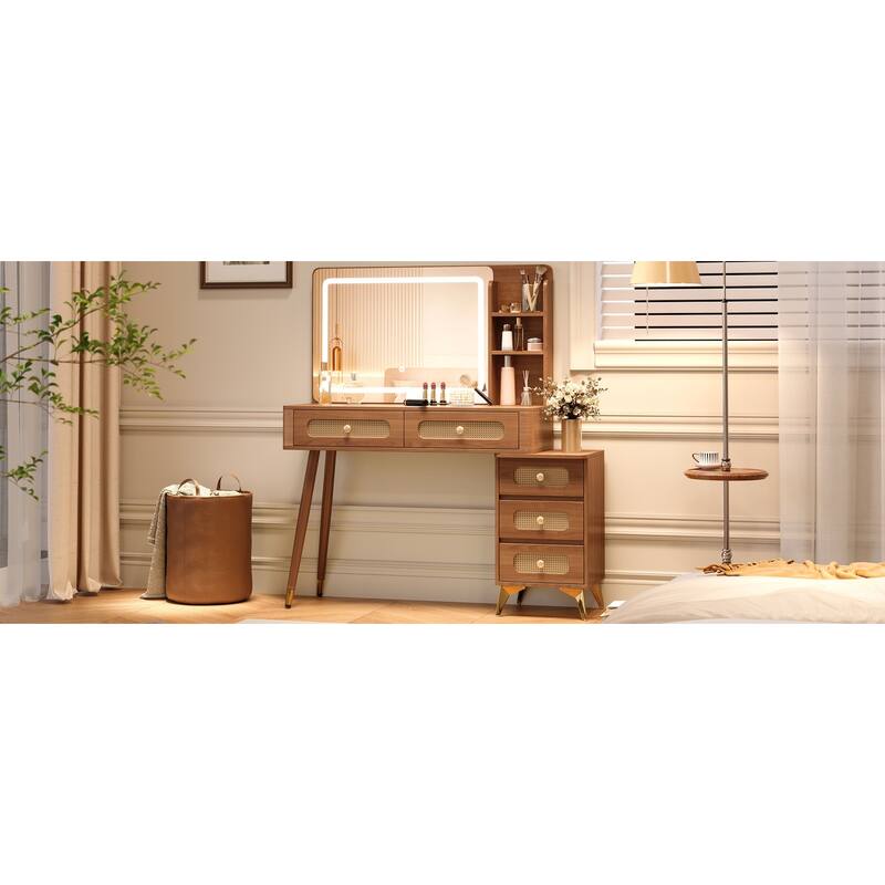 Makeup Vanity with Mirror & Lights, 3 Color Lighting Modes Adjustable Brightness, Dressing Table with 5 Drawers & Storage Shelf