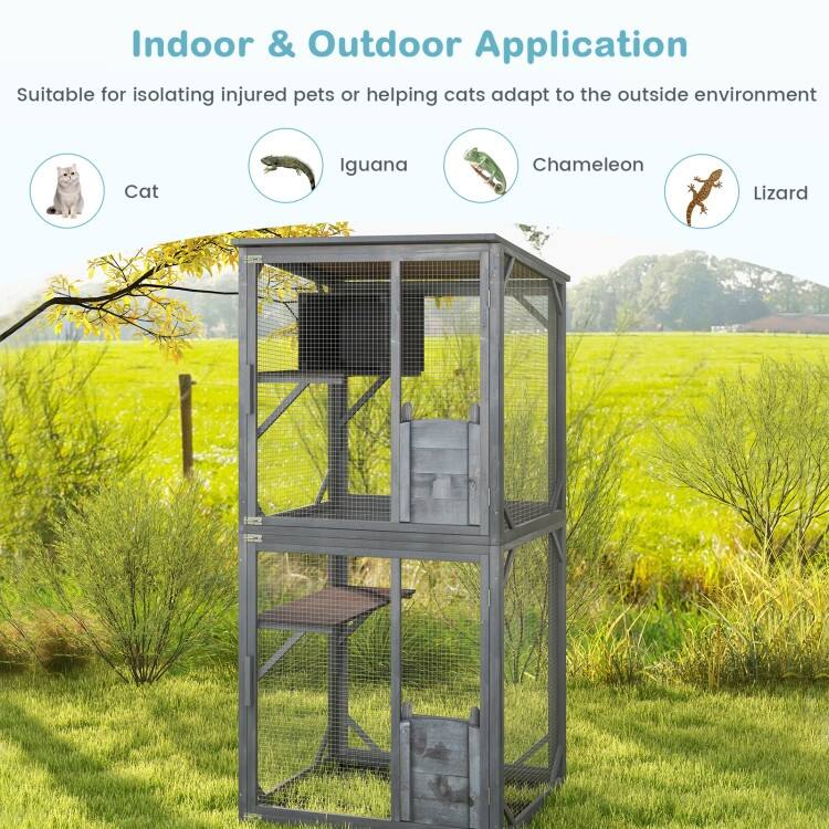 72 Inch TallWooden Cat House with Weatherproof Asphalt Roof-Grey - 31.5” x 27.5” x 72”