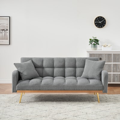 Futon Sleeper Sofa Bed Teddy Fabric Lounge Couch with 3 Speed Adjustable Back, Removable Armrest and Pillows for Small Space