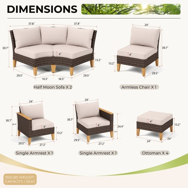 dimension image slide 1 of 13, 11-Piece Outdoor Wicker Half-Round Furniture Set, Half-Moon Sectional Sofa Set All Weather Rattan Curved Conversation Sets