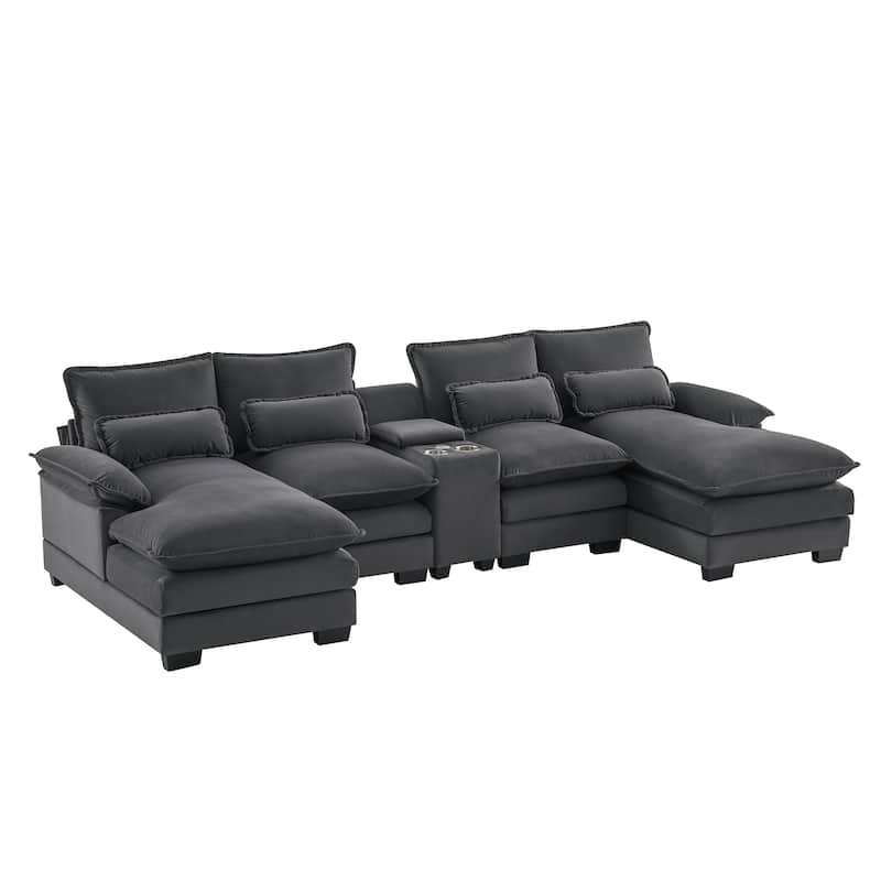 6-seat Upholstered Sectional Sofa with Console, 123*55" U-shaped Sofa with Cupholders and 4 Pillows for Livingroom