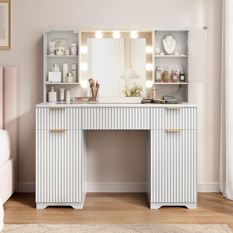 47" Modern Makeup Vanity Desk with Mirror and Large Cabinets, Dressing Table