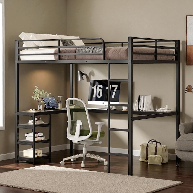 Full Size Metal Loft Bed with L-Shaped Desk & Shelves, Heavy-Duty Frame with Guardrails & Ladder, Vintage Wood Finish