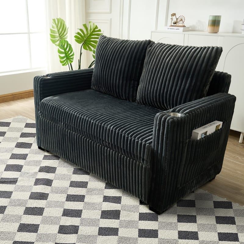Corduroy Sleeper Sofa w/ USB Ports, Convertible Pull-Out Sofa Bed, Modern Sleeper Couch Loveseat w/ 2 Pillows & Pocket